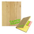A bamboo sticky notes holder featuring yellow, pink, and green sticky notes. The holder has a logo.
