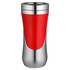 A travel mug featuring a red and stainless steel design, with a sleek and modern shape. It has a logo on the surface.