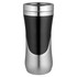 A travel mug in black and silver with a sleek design and a logo on the front.