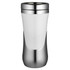 A travel mug with a sleek design, featuring a white body and silver stainless steel accents. It has a logo.