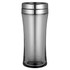 A travel mug in grey with a sleek, tapered design and a metallic lid, featuring a logo on the body.