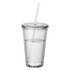 A clear plastic tumbler with a lid and straw, filled with water. The tumbler features a logo.
