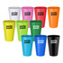 A collection of ten plastic cups in various colours including white, pink, red, orange, green, blue, and black, featuring a logo.