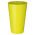 A yellow plastic cup with a tapered design and a glossy finish. The cup features a logo.
