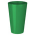 A green plastic party mug with a tapered design, featuring a smooth surface and a logo.