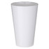 A white plastic drink mug with a tapered design and a glossy finish, featuring a logo.