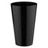 A black plastic tumbler with a tapered design and a smooth surface. It features a logo on one side.