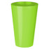 A bright green plastic cup with a smooth finish and a slightly tapered design. Features a logo on the side.