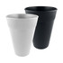 A set of two 12oz plastic cups in white and black, featuring a ribbed design and one cup has a logo.