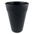 A plastic cup with a ribbed design in black, suitable for various beverages. It features a logo on the surface.