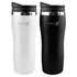 A drink mug set featuring a white mug and a black mug, both with a stainless steel rim and branding.