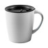 A white coffee mug with a black lid and handle, featuring a simple design and a logo.
