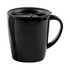 A black coffee mug with a lid and a handle, featuring a smooth, glossy finish. It has a branded logo.