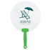 A fan featuring a round white paddle with a green handle and a beach-themed graphic.