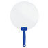 A round, white fan with a blue handle, featuring a simple design and a loop for hanging.