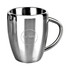 A stainless steel mug with a curved design and a smooth handle. It features a logo on the front.