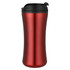 A travel mug in a glossy red finish with a black lid, featuring a sleek, tapered design and a branded logo.