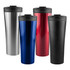 A range of travel mugs in silver, blue, red, and black, each with a black lid and a logo.