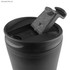 A black travel mug with a flip lid and spout opening for easy drinking. Features a sleek, smooth surface.