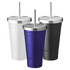A drink bottle set featuring three tumblers in white, navy blue, and black, each with a stainless steel straw.