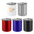 A set of four coffee mugs in red, blue, black, and white with metal accents and clear lids, featuring a logo on one.