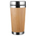 A reusable bamboo mug with a stainless steel lid and base, featuring a natural bamboo finish.