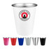 A drink bottle in white with a silver rim, featuring a logo, surrounded by cups in pink, red, blue, silver, and black.