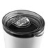 A white coffee mug with a clear lid, featuring a sliding opening for easy sipping and a smooth finish.