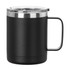 A travel mug in black with a stainless steel lid and handle. It features a sleek, minimalist design.
