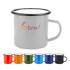 A grey enamel camper mug with a black rim and a logo. Available in multiple colours: orange, green, blue, and black.