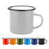 A drinkware enamel camper mug in white with a black rim, featuring multiple colour options below.