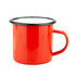 A red enamel camper mug with a black rim and handle, featuring a smooth finish and a simple design.
