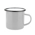 A grey enamel camper mug with a black rim and a sturdy handle. It features a logo on the side.