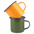 An orange enamel camper mug stacked on a green enamel camper mug, both featuring black rims and handles.