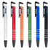 A collection of six stylus pens in silver, red, orange, green, blue, and black, each featuring a clip and branding.