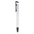 A stylus pen with a sleek silver barrel and black accents, including a clip and a rubber tip.