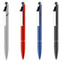 A collection of four stylus pens in silver, red, blue, and black, each featuring a clip and a soft tip.