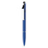 A blue stylus pen with a twist mechanism and silver clip, featuring a small rubber tip for touchscreens.