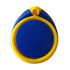 A blue and yellow phone stand, featuring a circular base with a rounded top and a branding logo.
