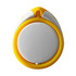 A round phone stand in yellow and white, featuring a central disc and a curved outer edge, with a logo present.