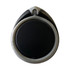 A black and grey phone stand with a round base and a unique design, featuring a logo.