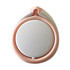 A phone stand in a teardrop shape, featuring a white centre and a pink outer ring. It has a small branding logo.