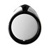 A phone stand in black and white, featuring a smooth, rounded design with a glossy finish and a small logo.