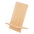 A bamboo phone holder with a sleek, minimalist design and a natural finish, featuring a sturdy stand for devices.