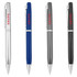 A collection of metal pens in silver, blue, grey, and black, featuring a logo on each pen.