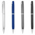 A set of four metal pens in silver, blue, grey, and black, featuring a sleek design and a logo.