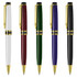 A set of metal pens in white, burgundy, green, navy, and black, featuring gold accents and clips.