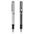 Two metal pens are displayed, one in silver with a black grip and the other in polished black, both featuring a logo.