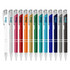 A collection of metal pens in various colours, including white, pink, red, orange, green, blue, and black, featuring a logo.
