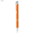 A shiny orange metal pen with silver accents and a clip, featuring a sleek design and branding.